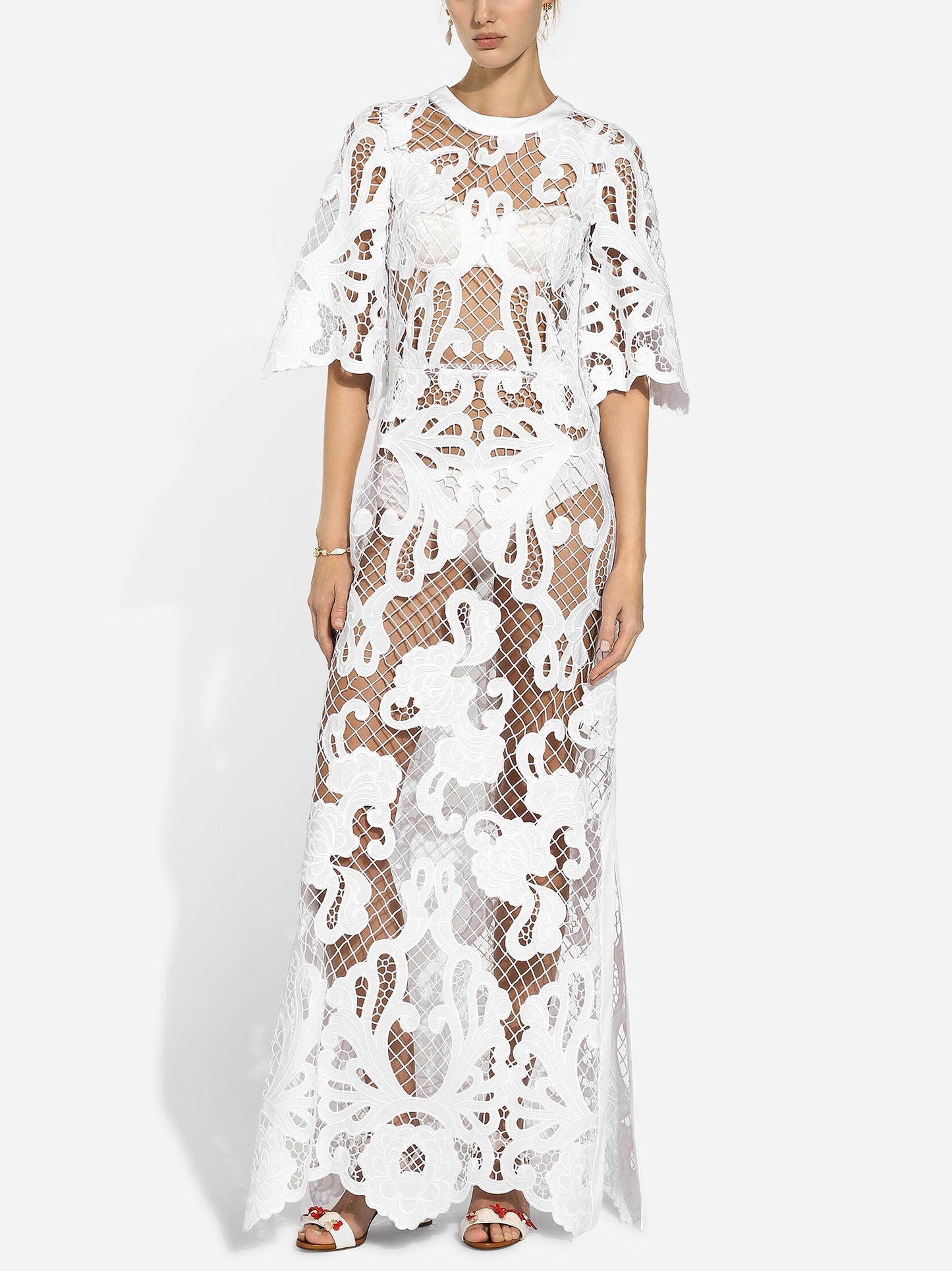 Embroidered White Mesh Maxi Dress - Dresses