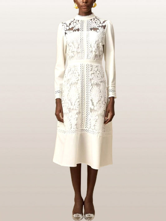 Embroidered White Paneled Midi Dress - Dresses