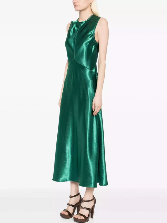 Emerald Green Satin Paneled Sleeveless Dress - Dresses
