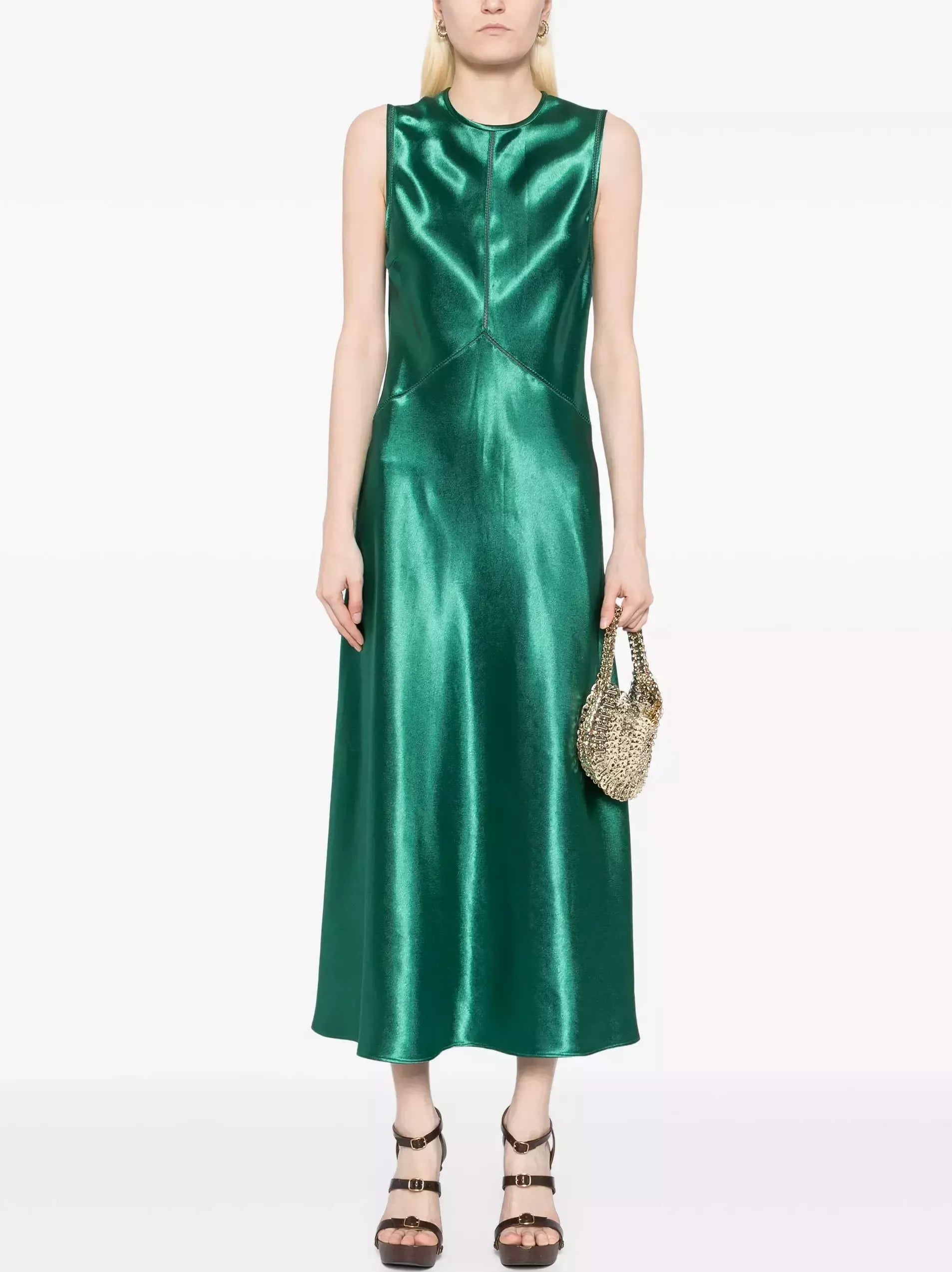 Emerald Green Satin Paneled Sleeveless Dress Online Emerald Green Satin Paneled Sleeveless Dress Online