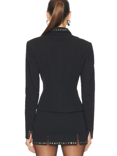 Eyelet-Embellished Black Single-Breasted Blazer - Jackets