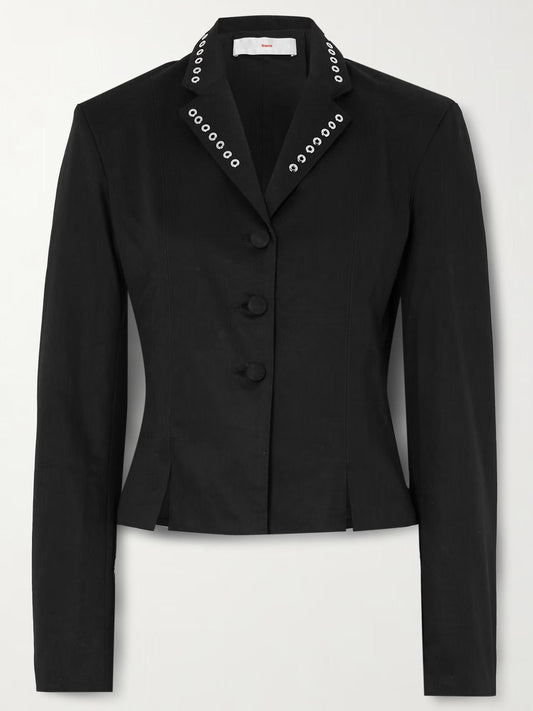 Eyelet-Embellished Black Single-Breasted Blazer - Jackets