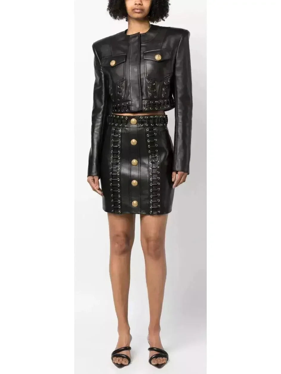 Eyelet-Embellished Cropped Leather Jacket - Jackets
