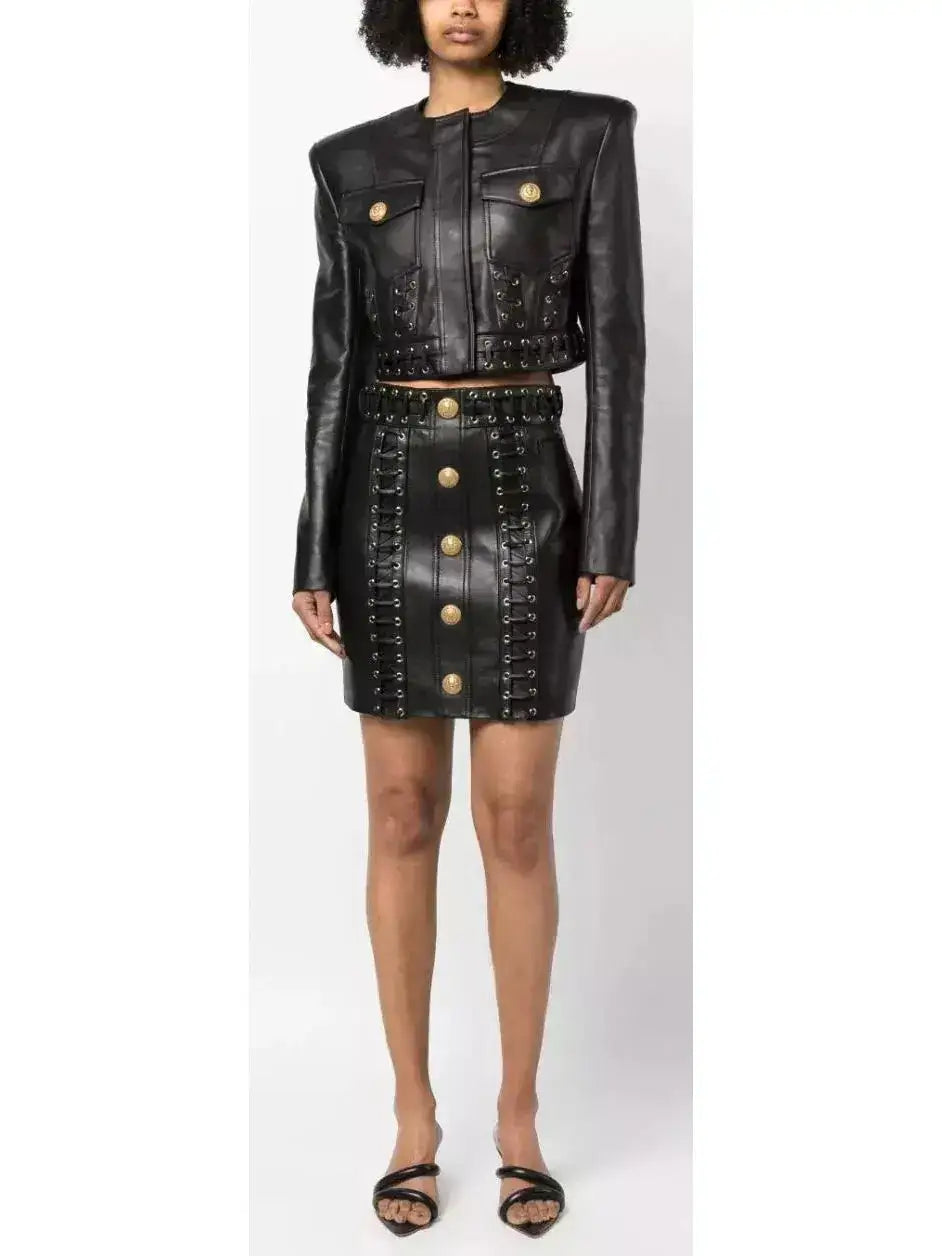 Eyelet-Embellished Cropped Leather Jacket - Jackets