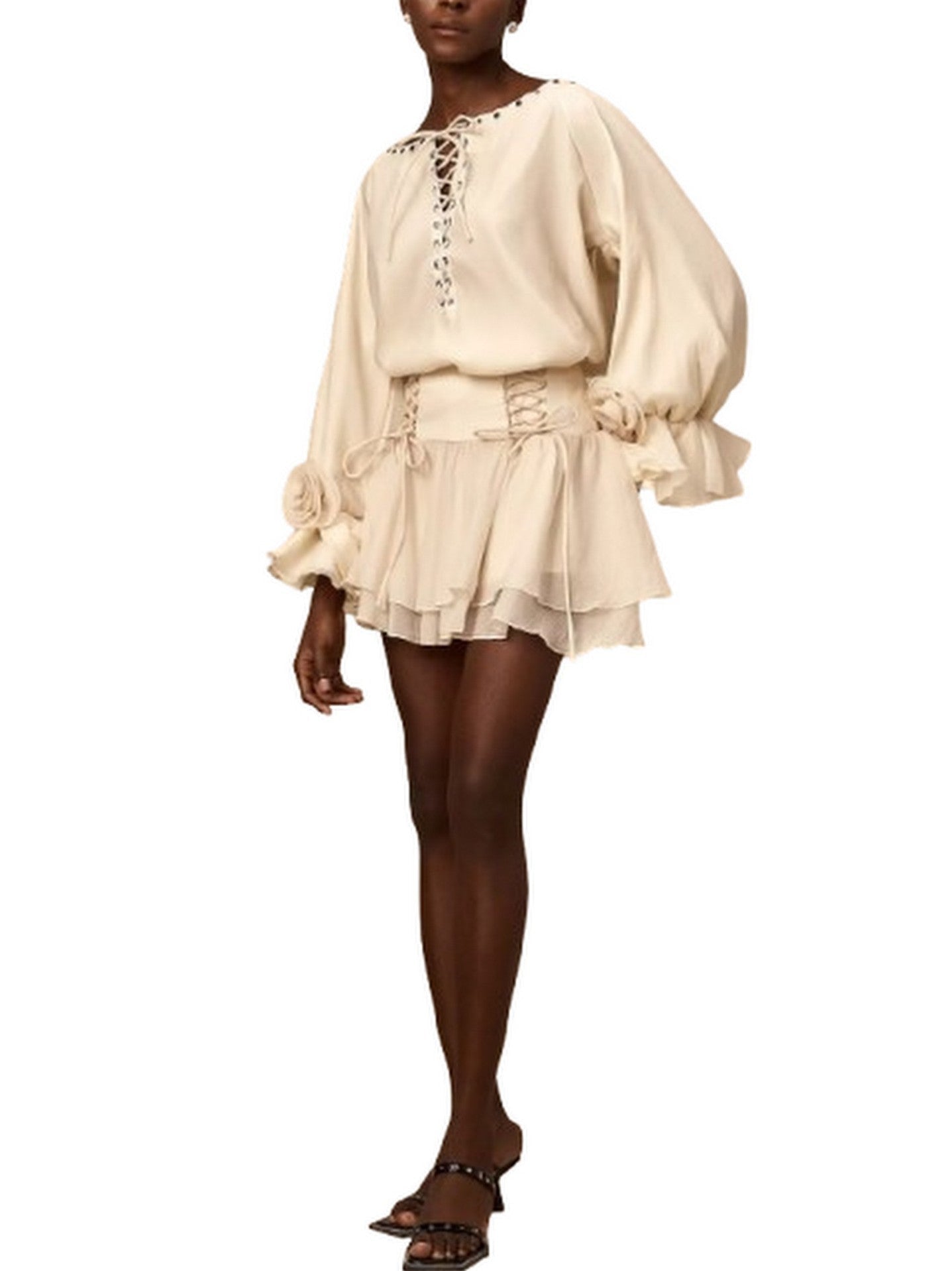 Eyelet Lace-Up Floral Appliqued Blouse and Skirt Set - Suits & Sets