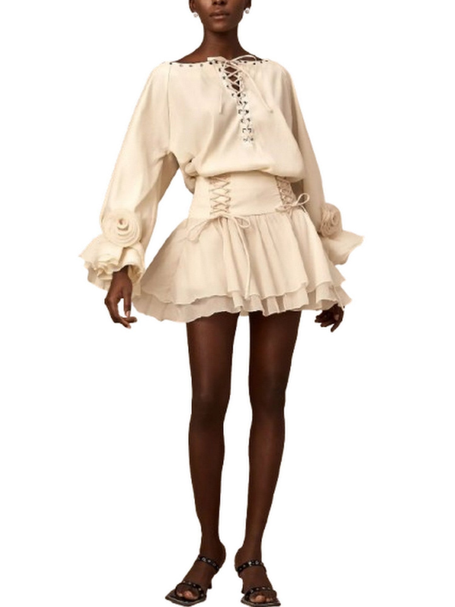 Eyelet Lace-Up Floral Appliqued Blouse and Skirt Set - Suits & Sets