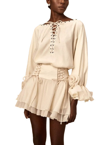 Eyelet Lace-Up Floral Appliqued Blouse and Skirt Set - Suits & Sets
