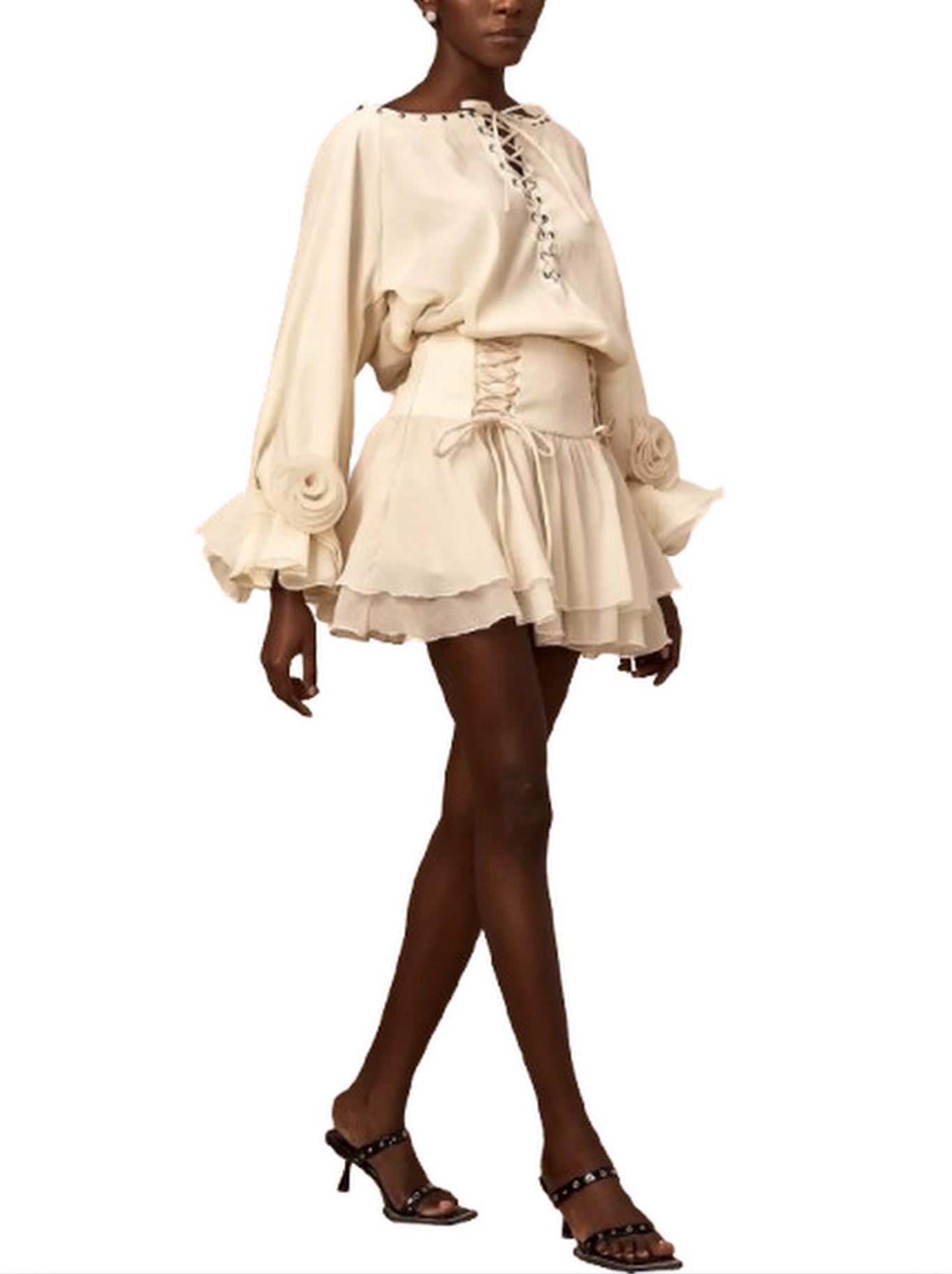 Eyelet Lace-Up Floral Appliqued Blouse and Skirt Set - Suits & Sets