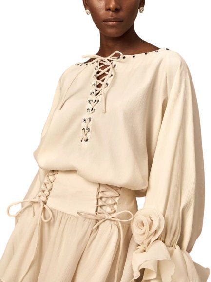 Eyelet Lace-Up Floral Appliqued Blouse and Skirt Set - Suits & Sets