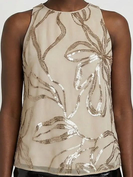 Beige Silk Chiffon Sequin Floral Sleeveless Top - Tops