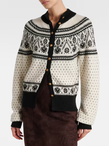 Cream and black patterned Fair Isle High-Neck Cashmere Knit Cardigan Sweater