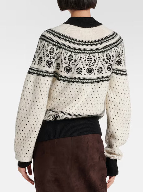 Cream and black patterned Fair Isle High-Neck Cashmere Knit Cardigan Sweater
