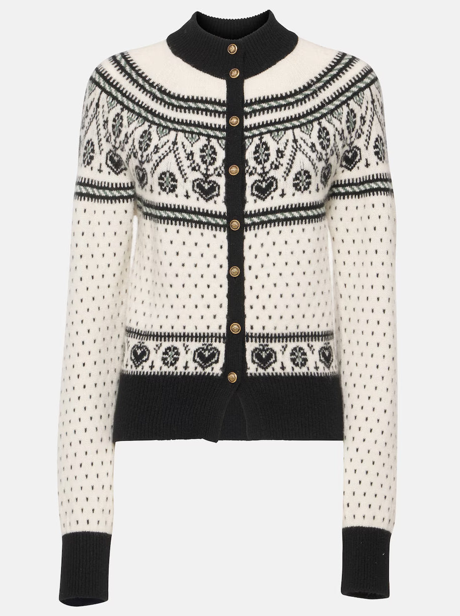 Black and white patterned Fair Isle High-Neck Cashmere Knit Cardigan with gold buttons