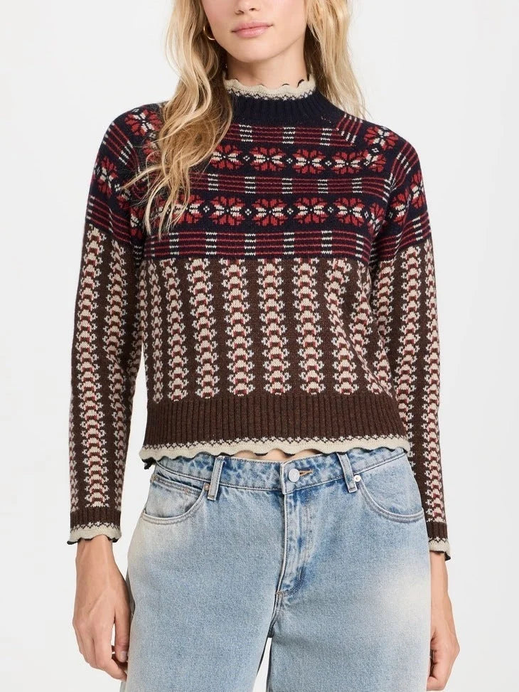 Fair Isle Pattern Ruffle-Edge Sweater - Sweaters & Knitwear