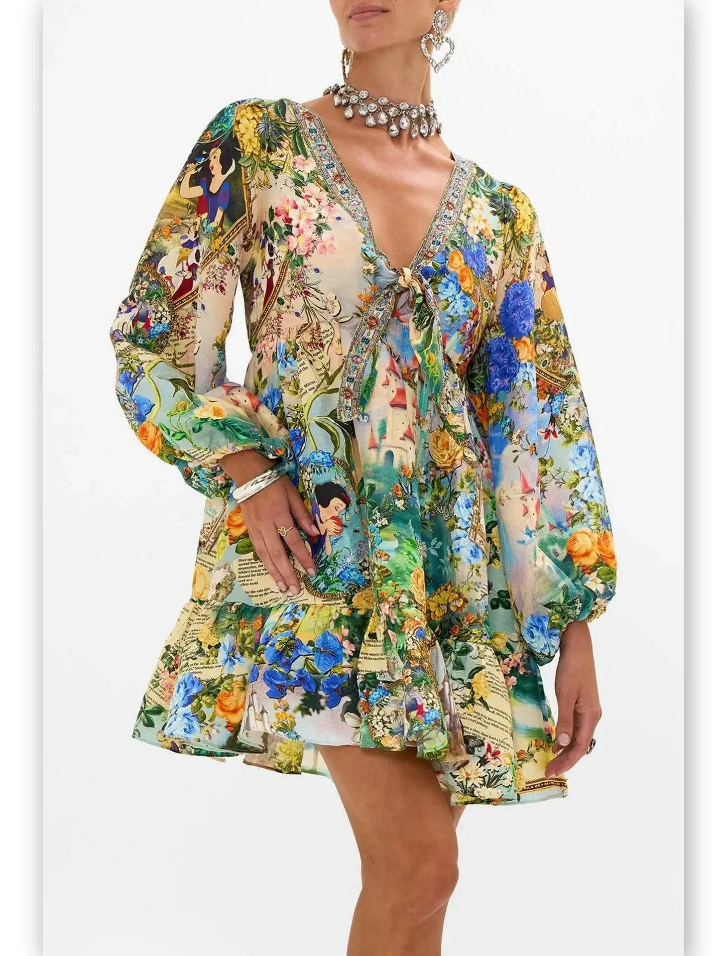 Fairy Tale Printed Short Tie Front Silk Blouson Dress - Dresses