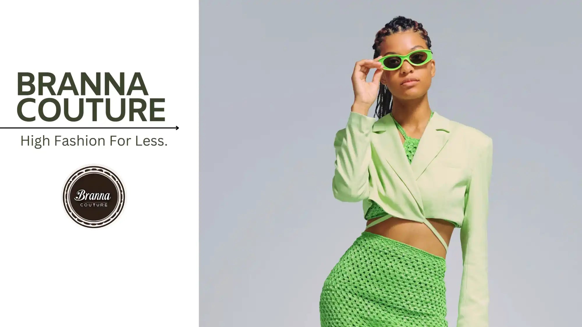 Fashion model wearing a lime green cropped blazer and matching textured skirt with yellow sunglasses.