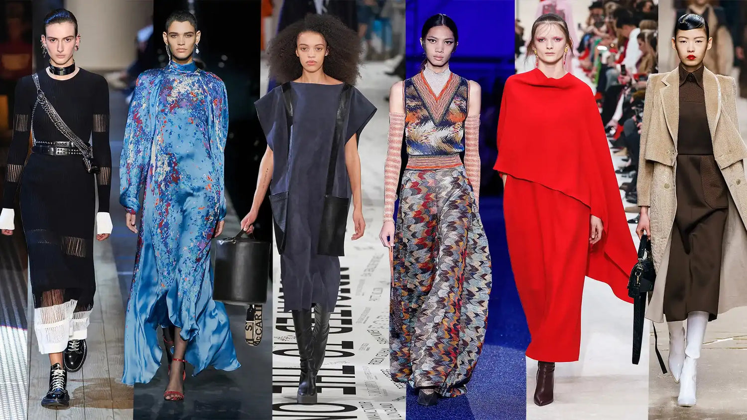 Fashion runway collage showing six different haute couture outfits from various designer collections.