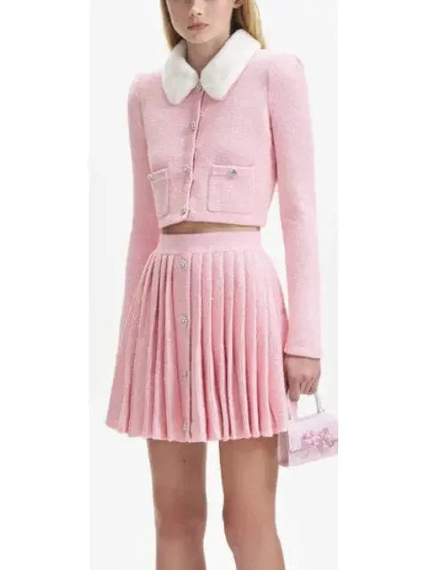Faux-Fur Collar Cardigan and Pleated Mini Skirt Set in Pink - Suits & Sets