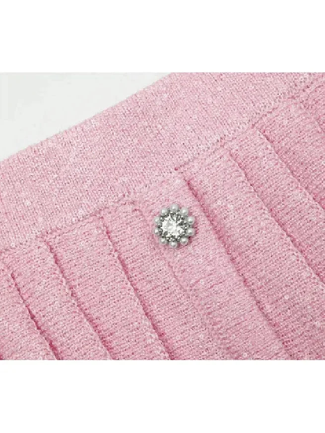 Faux-Fur Collar Cardigan and Pleated Mini Skirt Set in Pink - Suits & Sets