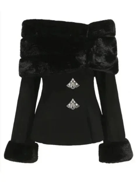 Faux-Fur Off-Shoulder Jacket and Heart Skirt Set in Black - Suits & Sets