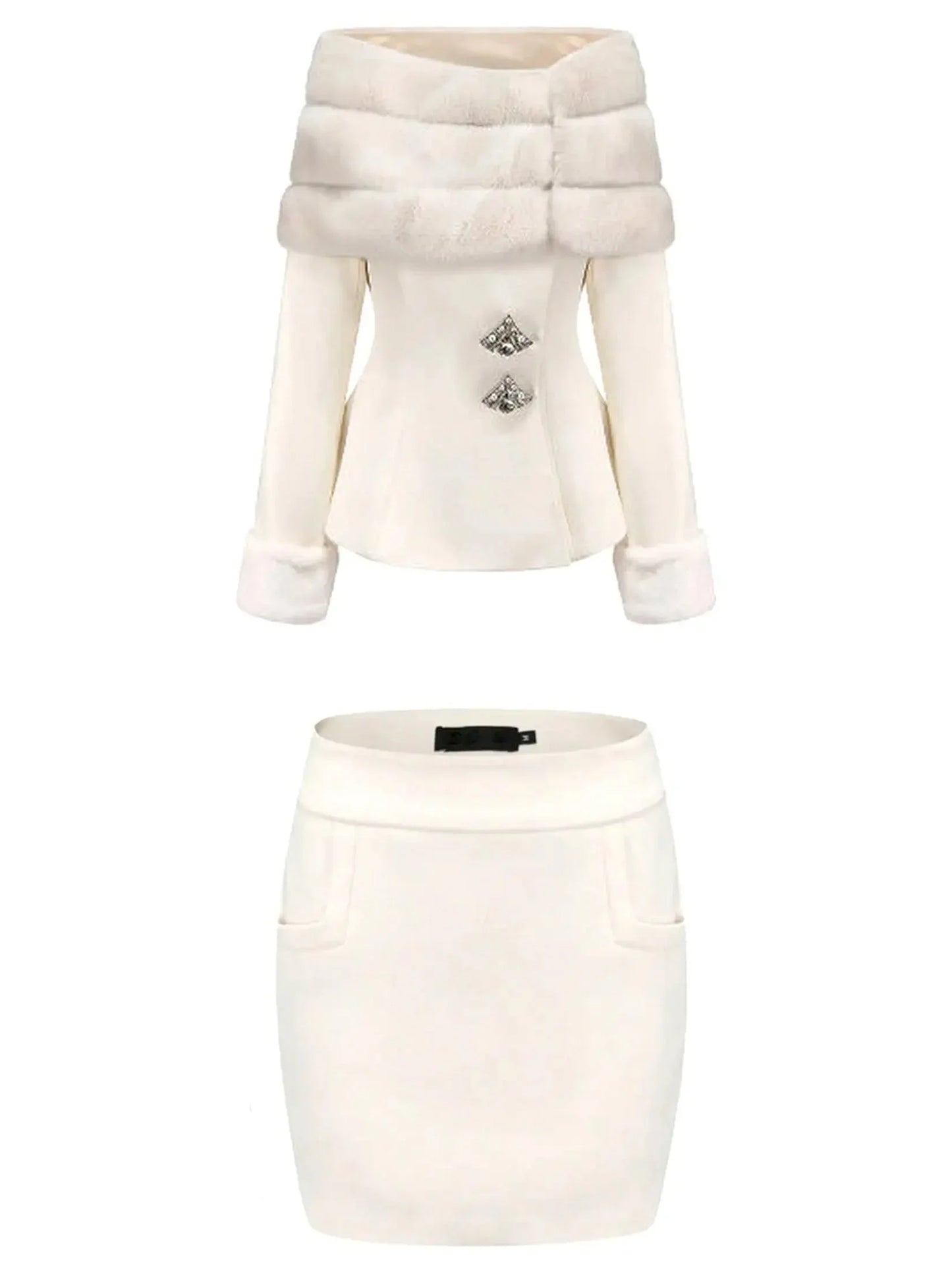 Faux-Fur Off-Shoulder Jacket and Heart Skirt Set in White - Suits & Sets