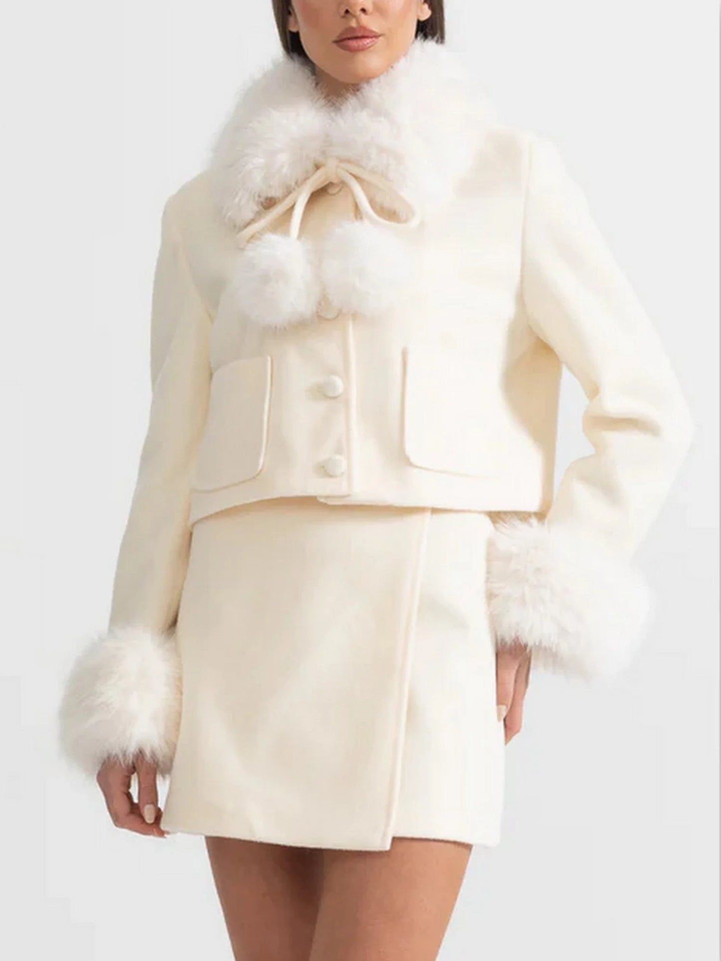 Faux-Fur Trim Cropped Jacket and Mini Skirt Set - Suits & Sets