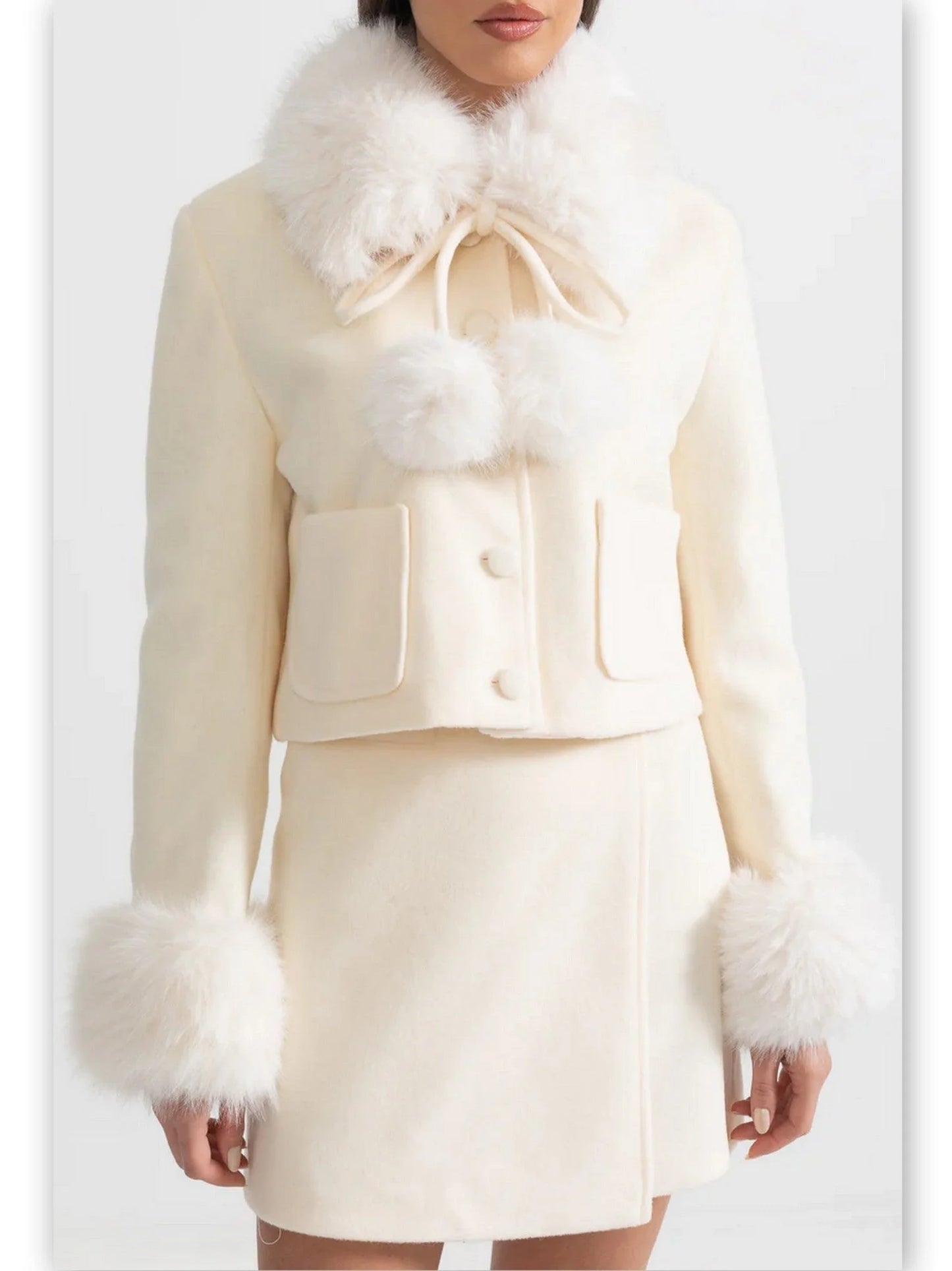 Faux-Fur Trim Cropped Jacket and Mini Skirt Set - Suits & Sets