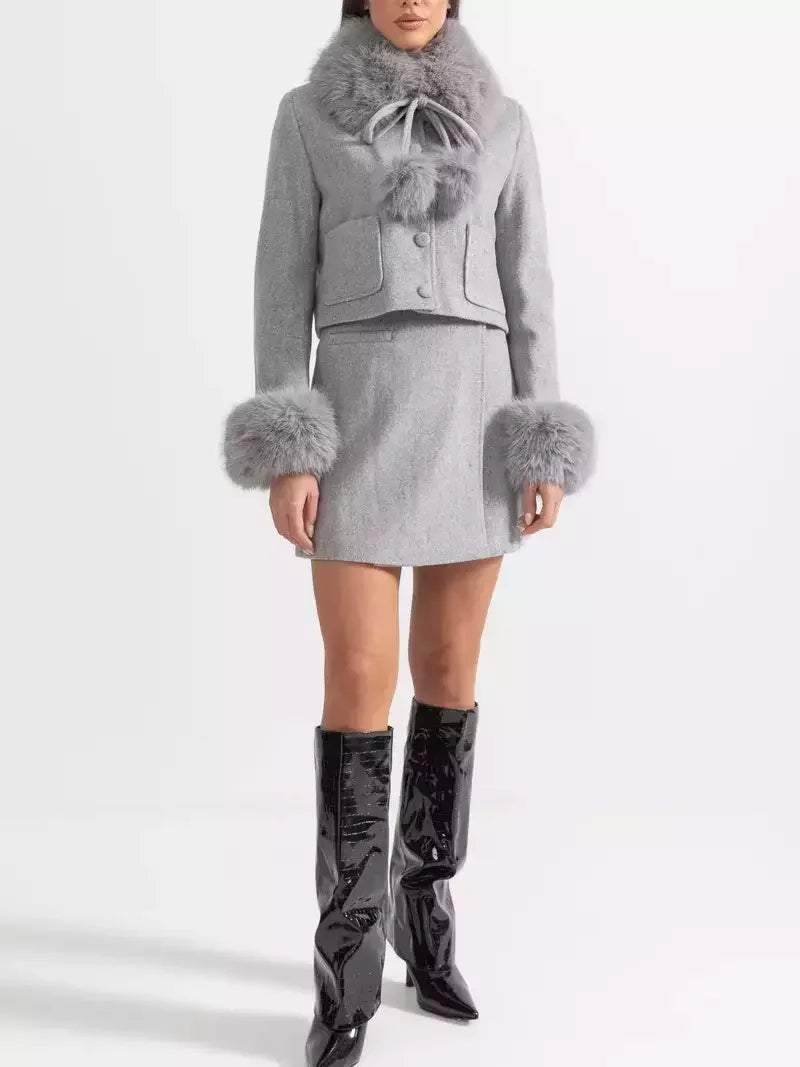 Faux-Fur Trim Cropped Jacket and Mini Skirt Set in Grey - Suits & Sets