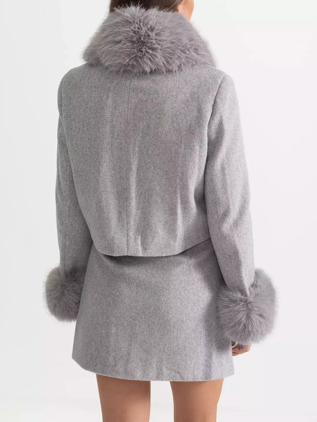 Faux-Fur Trim Cropped Jacket and Mini Skirt Set in Grey - Suits & Sets