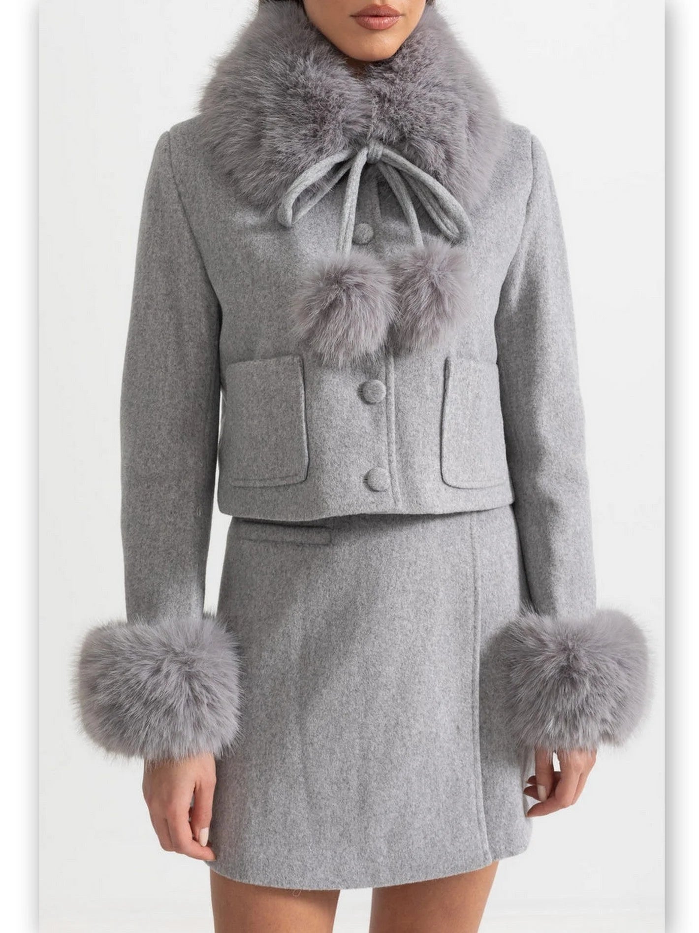 Faux-Fur Trim Cropped Jacket and Mini Skirt Set in Grey - Suits & Sets