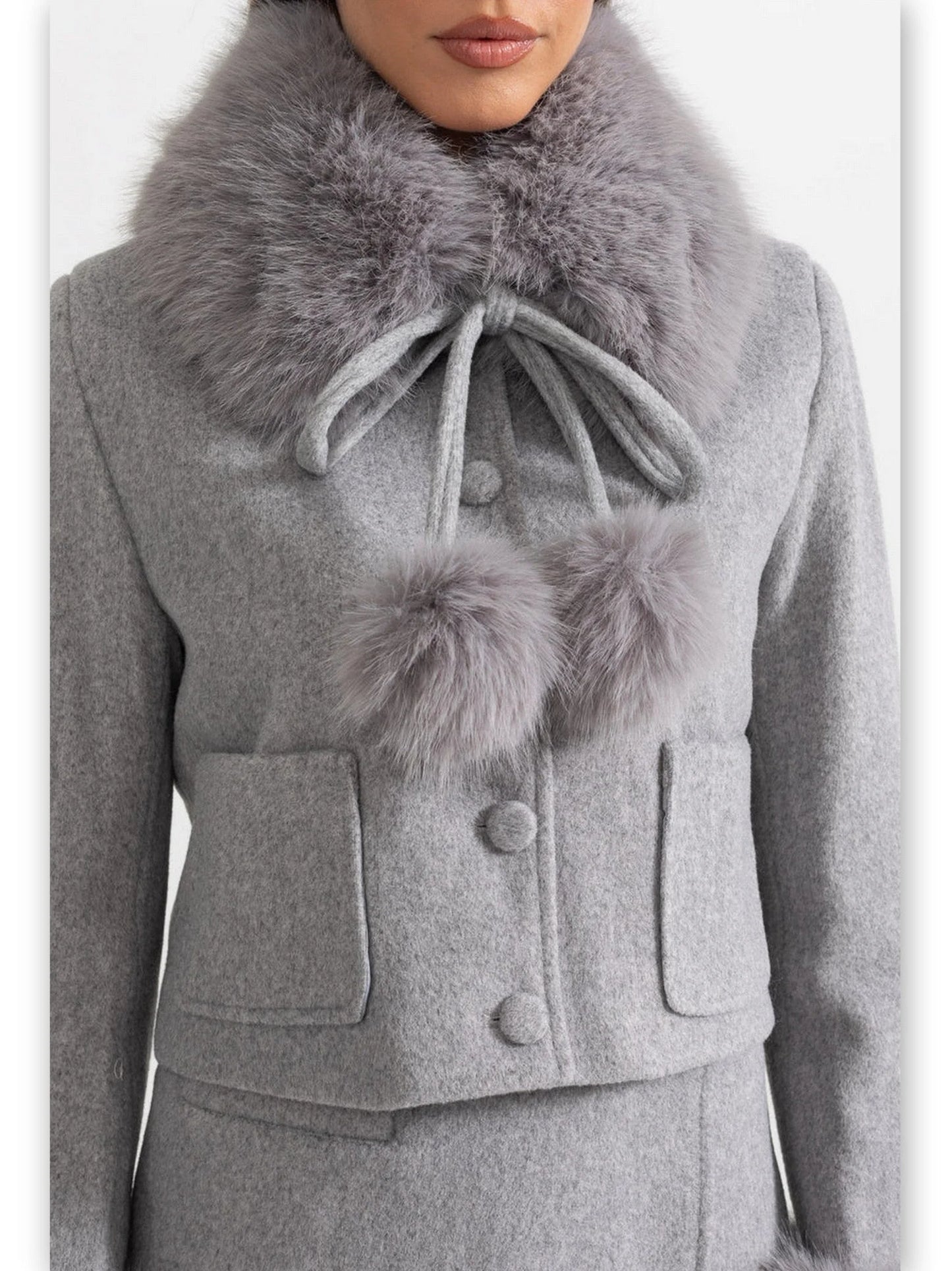 Faux-Fur Trim Cropped Jacket and Mini Skirt Set in Grey - Suits & Sets