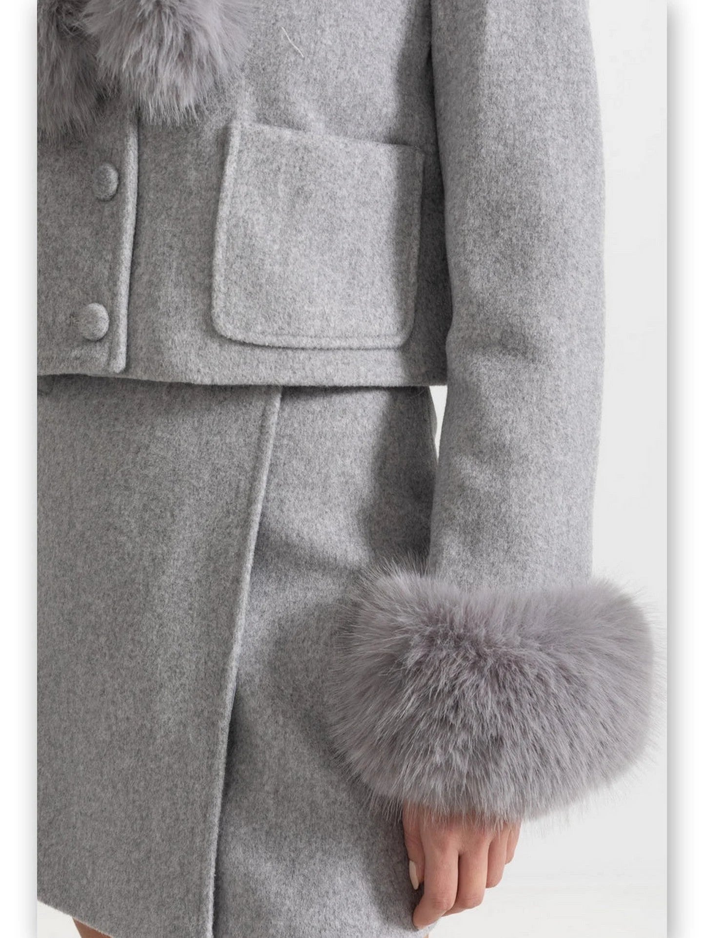 Faux-Fur Trim Cropped Jacket and Mini Skirt Set in Grey - Suits & Sets