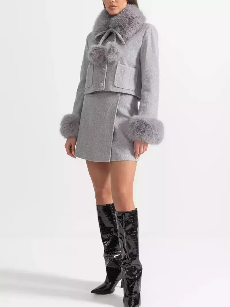 Faux-Fur Trim Cropped Jacket and Mini Skirt Set in Grey - Suits & Sets