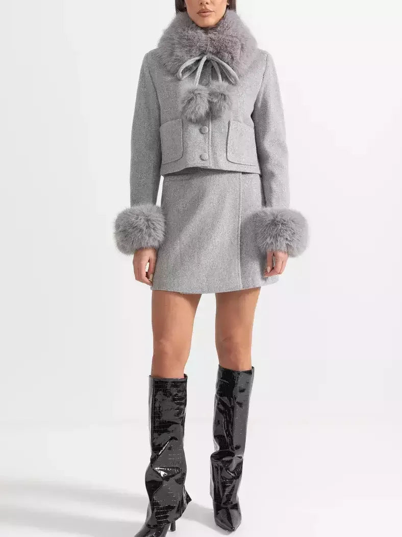 Faux-Fur Trim Cropped Jacket and Mini Skirt Set in Grey - Suits & Sets
