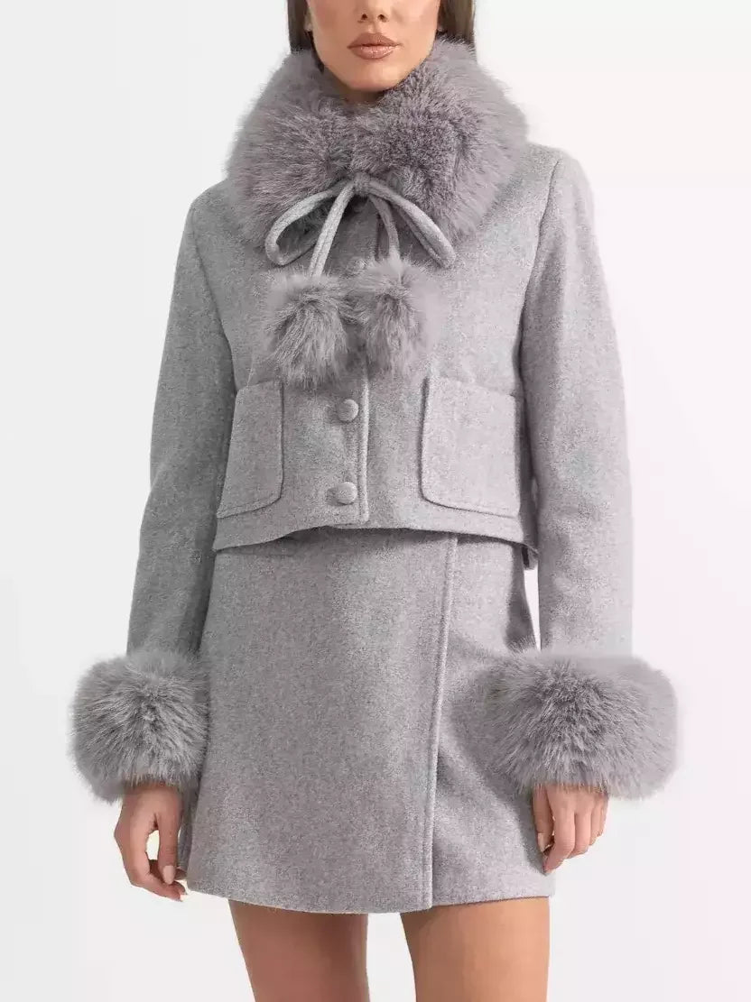 Faux-Fur Trim Cropped Jacket and Mini Skirt Set in Grey - Suits & Sets