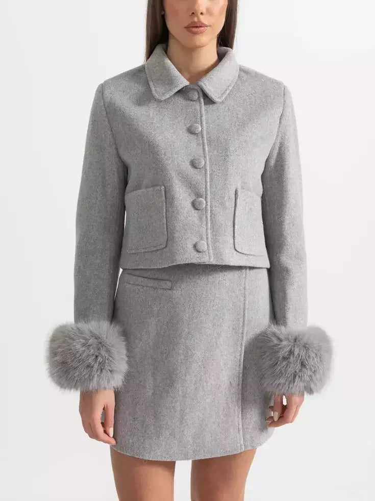 Faux-Fur Trim Cropped Jacket and Mini Skirt Set in Grey - Suits & Sets