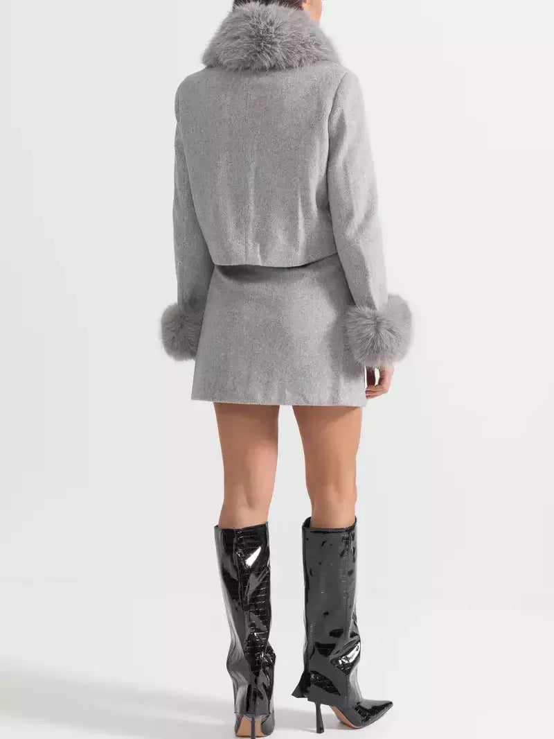 Faux-Fur Trim Cropped Jacket and Mini Skirt Set in Grey - Suits & Sets