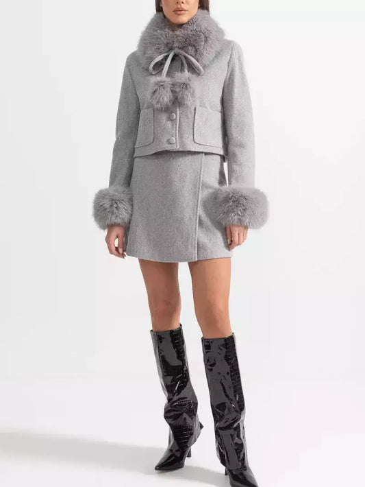 Faux-Fur Trim Cropped Jacket and Mini Skirt Set in Grey - M - Suits & Sets
