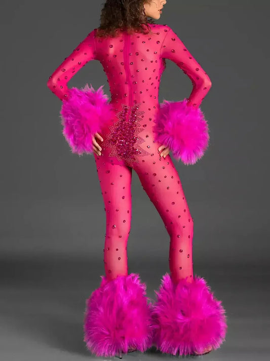 Faux-Fur Trim Rhinestone-Embellished Sheer Jumpsuit - Suits & Sets
