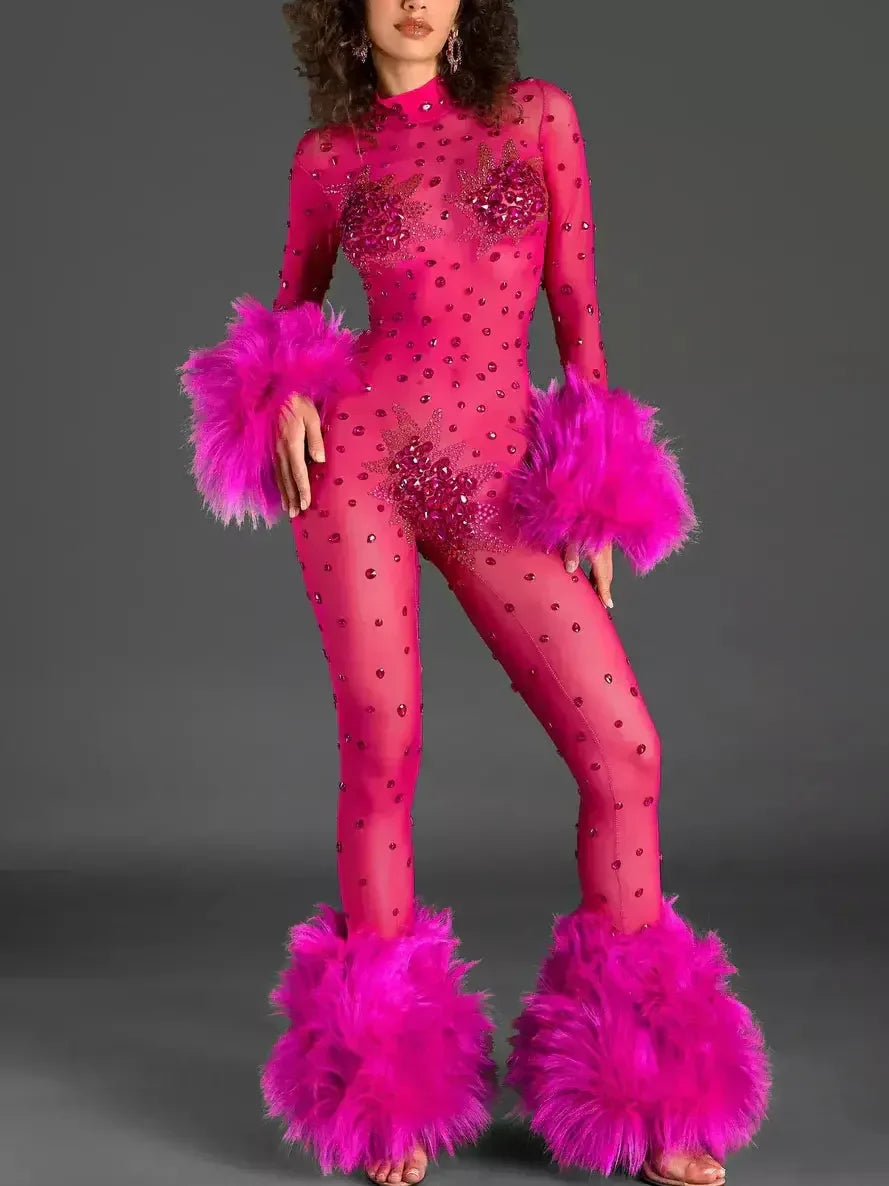 Faux-Fur Trim Rhinestone-Embellished Sheer Jumpsuit - Suits & Sets