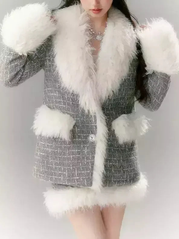 Faux-Fur Trim Tweed Jacket and Skirt Set - Suits & Sets