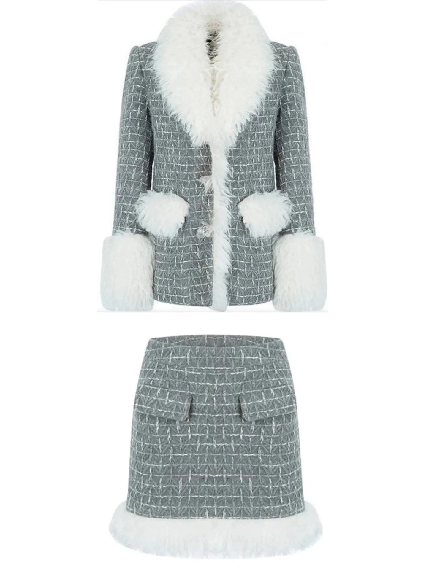 Faux-Fur Trim Tweed Jacket and Skirt Set - Suits & Sets