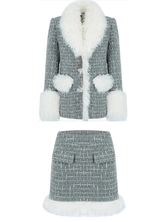 Faux-Fur Trim Tweed Jacket and Skirt Set - Suits & Sets