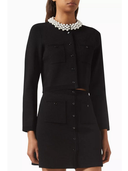 Black knit mini skirt set featuring a chic faux-pearl collar cardigan