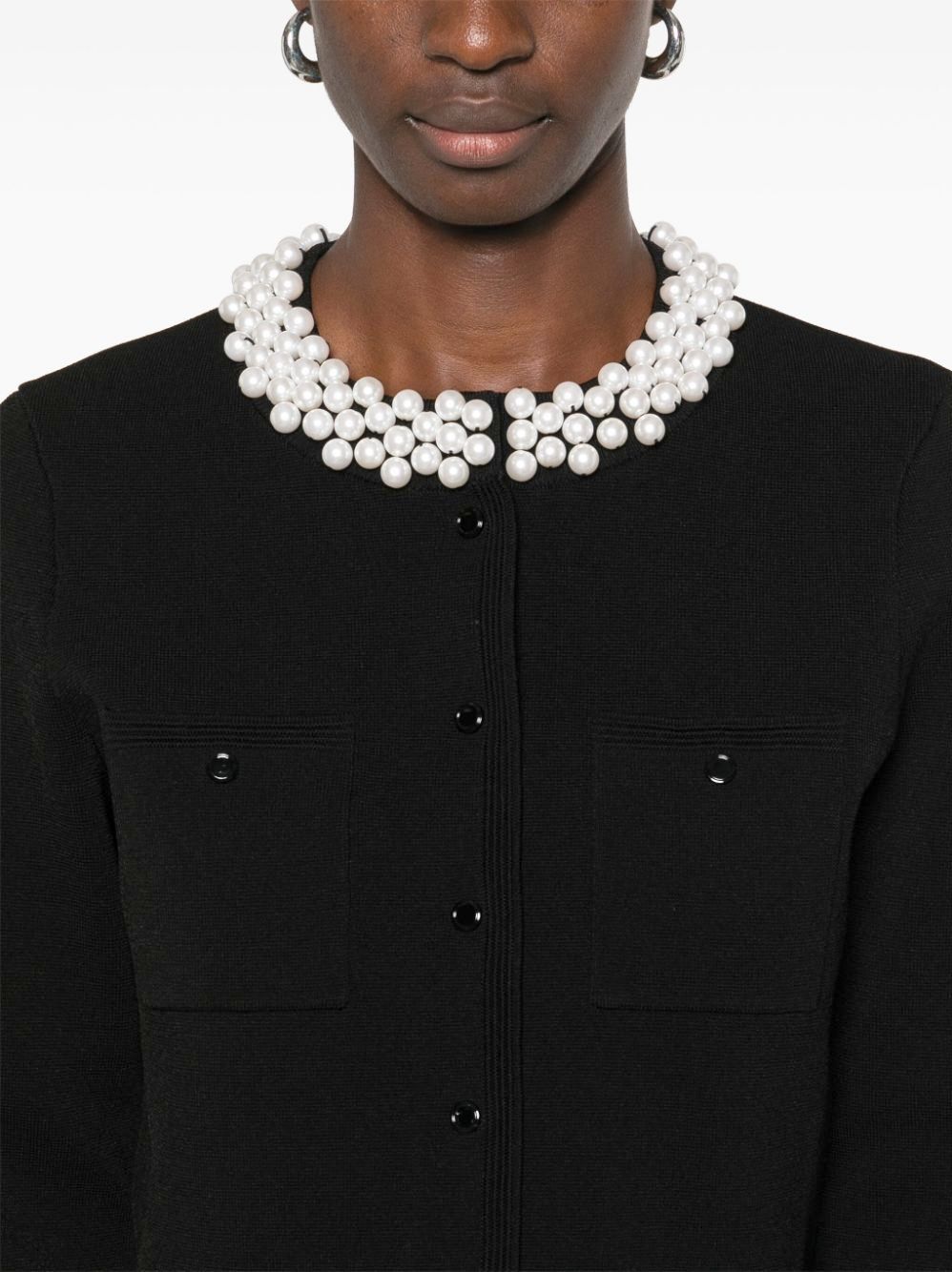 Faux-pearl collar cardigan and mini skirt set in black elegant fashion outfit