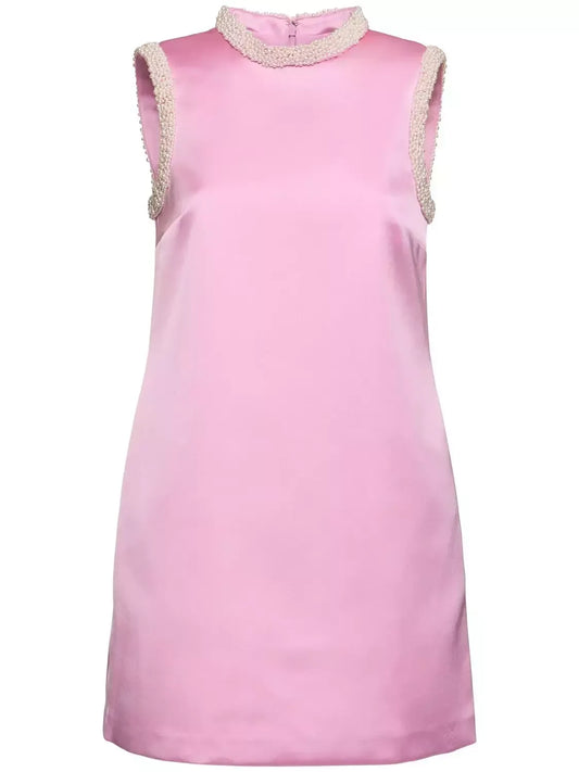 Faux-Pearl-Trim Pink Satin Mini Shift Dress - Dresses