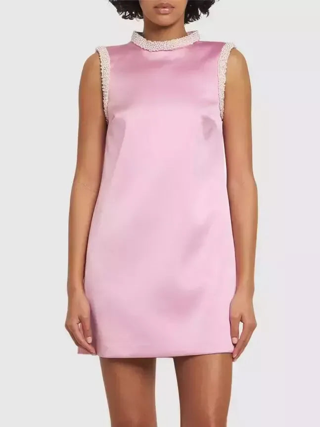 Faux-Pearl-Trim Pink Satin Mini Shift Dress - Dresses