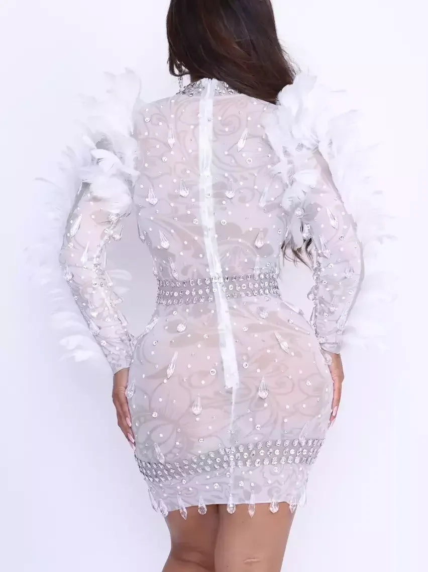 Feather and Rhinestone Embellished Mini Dress - Dresses