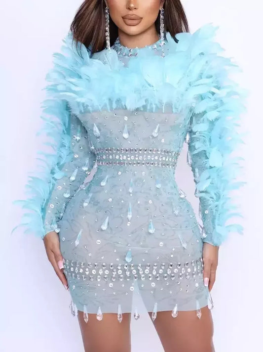 Feather and Rhinestone Embellished Mini Dress - L / Light Blue - Dresses
