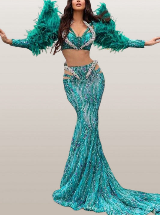 Feather and Sequin Embellished Gown in Green - Dresses